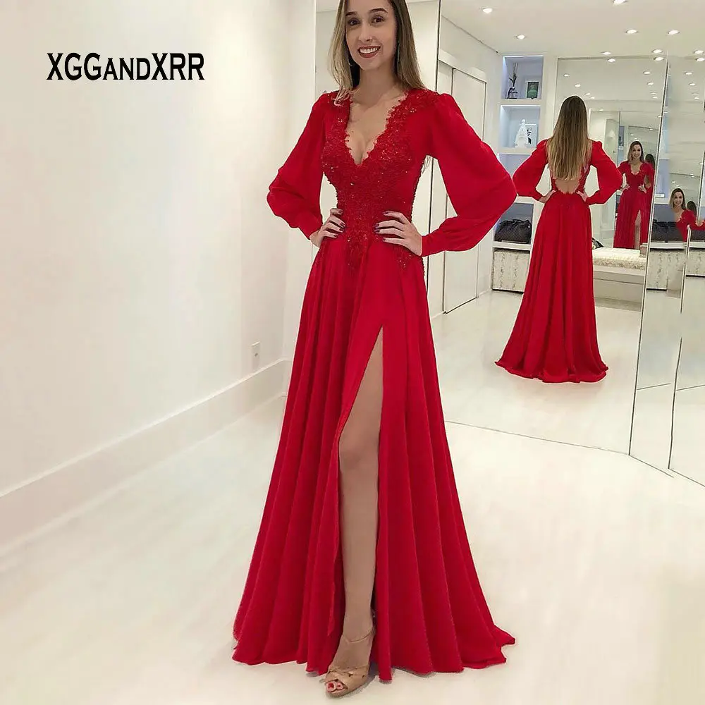 

Red Long Sleeves Evening Dress Long 2019 robe de soiree Sexy V Neck Side Slit Formal Party Gown Pageant gala Chiffon Dress