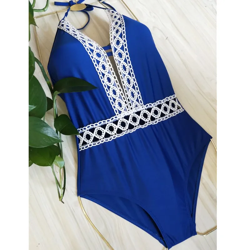 Deep V One Piece Swimsuit Women Red Sapphire With Lace Swim Suit Black