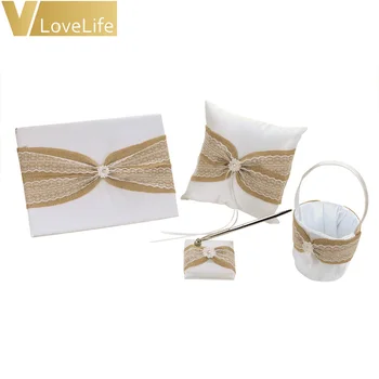 

Burlap 4Pcs/Set Rustic Hessian Guest Book Wedding Ring PillowFlower Basket Decoration Pen Stand Wedding Ceremony Supplies