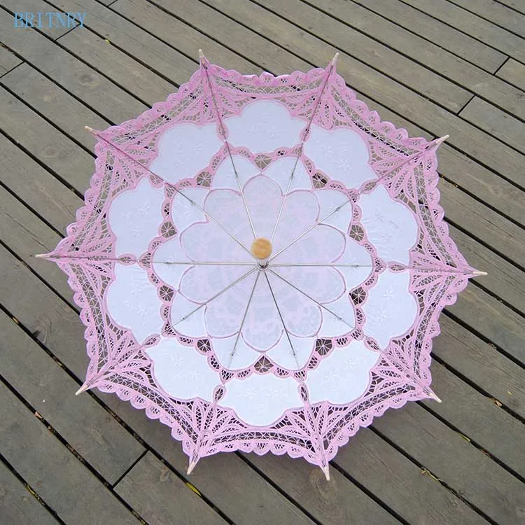 BRITNRY, модный зонтик от солнца ручной работы, хлопковый Свадебный зонтик, кружевная вышивка, розовый с белым зонтиком, свадебные аксессуары