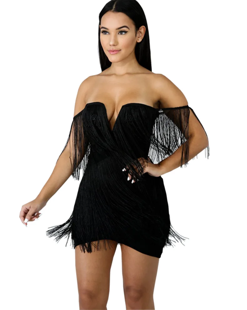 Платье с бахромой, сексуальное Клубное облегающее платье, женские летние платья, мини-халат с v-образным вырезом, белое черное платье-футляр с открытыми плечами, Vestido Verano