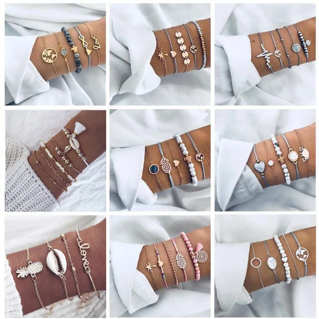 

5PCS/Set Bohemian Black pink Beaded Bracelets For Women Vintage Fashion Heart Wave Charm Bracelets Sets Jewelry cuff bracelets