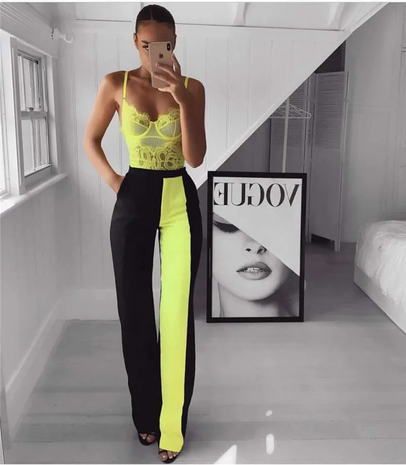 

New Arrival Yellow Strap Bodysuit Pants Two Pieces Sets Celebrity Women's Sets Night Party Sets High Quality