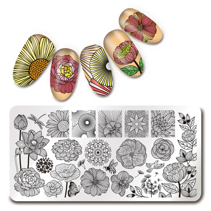 

1Pc Rectangle Nail Stamping Template Line Flower Pattern Manicure Nail Art Image Plate Harunouta L034