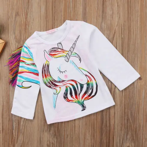 Детская летняя футболка с длинными рукавами и 3D-принтом единорога для маленьких девочек Повседневная хлопковая одежда с длинными рукавами и рисунком из мультфильма; костюм футболка; Outift От 1 до 6 лет