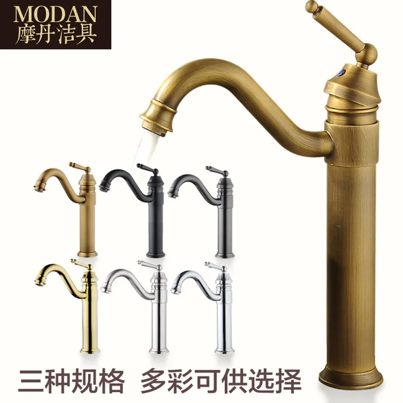 

European Antique Copper Bathroom Hot and Cold Water Basin Faucet 360 Degree Rotation Raised Single-hole Basin Mixer YM115