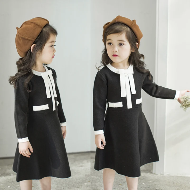 Autumn Winter Kids Girls Knitted Dress With Bows Long Sleeve Kids Princess Dresses For Girls Cotton Sweater Dress hzirip 2018 new spring winter knitted sweater dress women elegant long sleeve sexy slim turtleneck skinny bodycon twist dresses