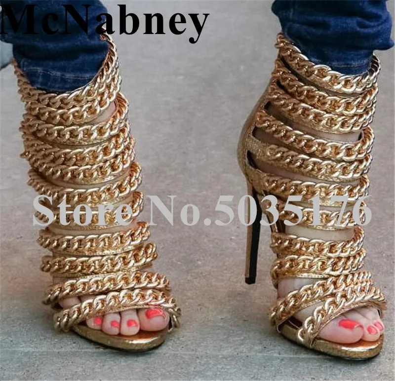 

2019 European Fashion Gold Narrow Band Metal chain Hollow Peep Toe Stiletto Heel Sandals Cover Heel Zip Dress Women Shoes