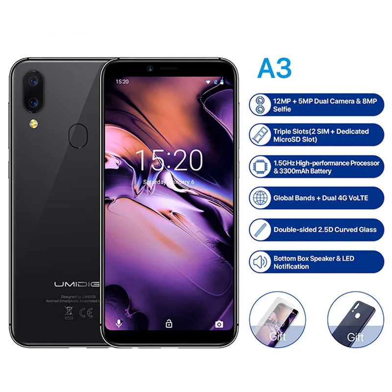 

UMIDIGI A3 5.5"incell HD+display 2GB+16GB smartphone Android 8.1 12MP+5MP Face Dual 4G Mobile phone FHD+GSM+OTG unlocked cell