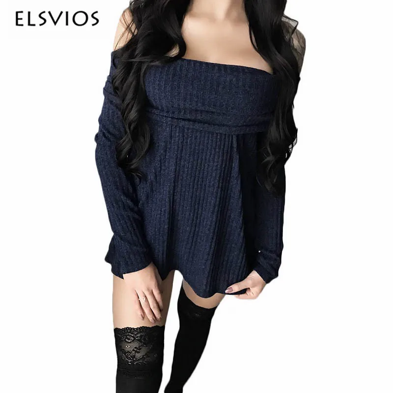 

ELSVIOS Women Off The Shoulder Knitting Mini Dress Autumn Long Sleeve Stretch Strapless Dress Ladies Winter Warm Sweater Dresses