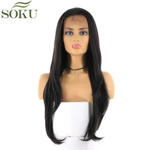 SOKU синтетические парики на шнурках спереди Часть прямые 13*4 парики на шнурках спереди натуральный черный цвет термостойкие волокна парик для женщин