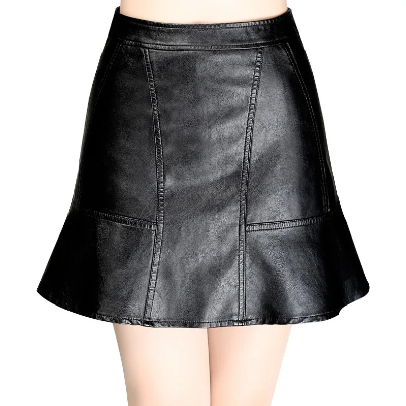 Hight cintura faldas faldas de cuero Caliente 2017 de Otoño de LA PU de Las Mujeres hoja de loto de cuero Slim fit lápiz falda faldas de Las Señoras Flacas niñas