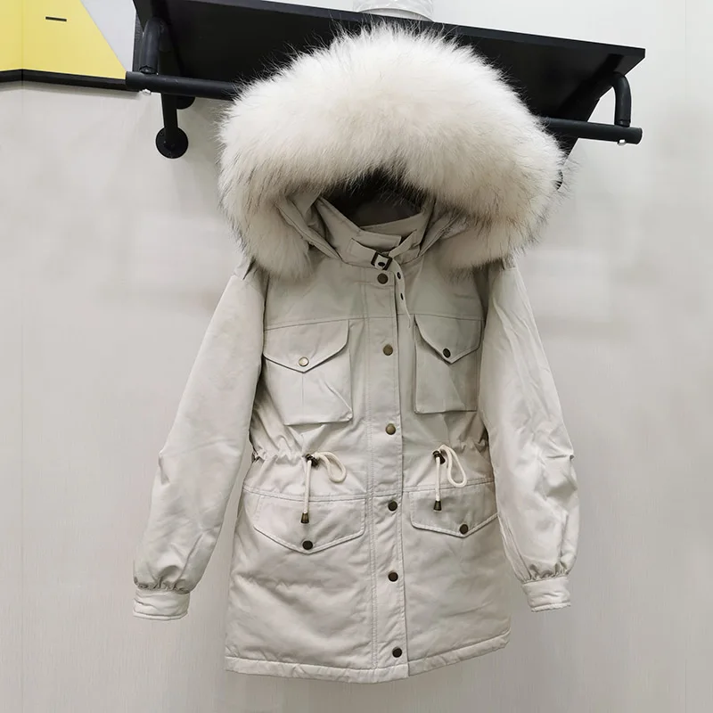 Реальной меховой воротник, пуховик, с длинным рукавом, куртка Для женщин парки Mujer новая зимняя плотная теплая куртка-пуховик белого цвета на утином пуху куртка женская с капюшоном пальто