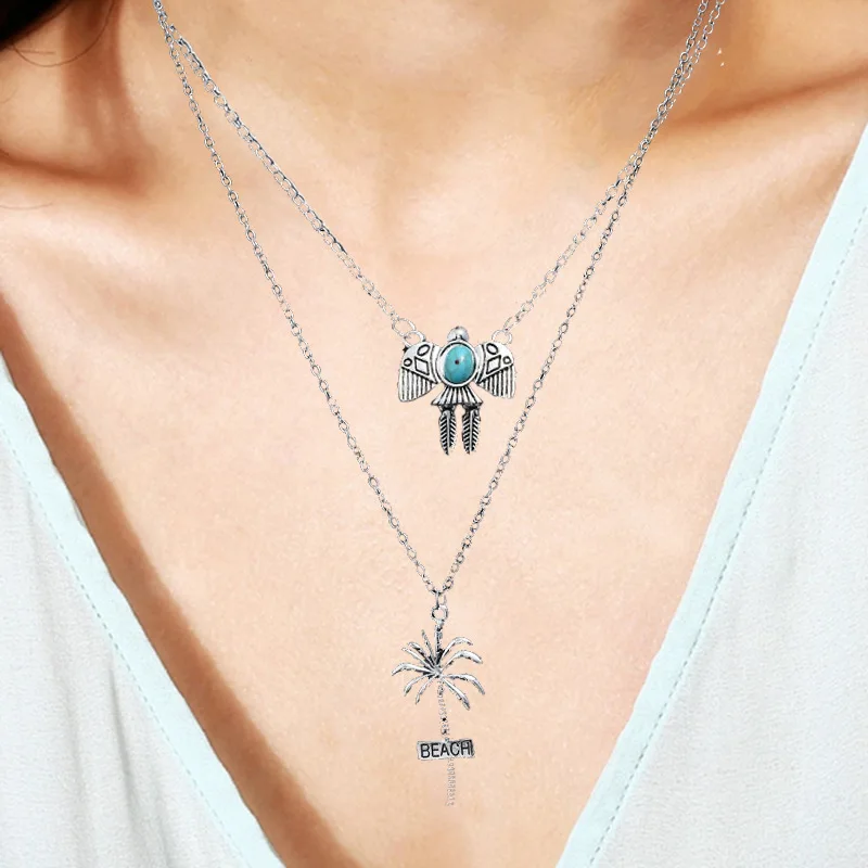 New Multilayer BEACH Coconut Tree Gold Choker Statement Necklace Bijoux Collier Femme Women Bird Charm Maxi Boho Jewelry Party