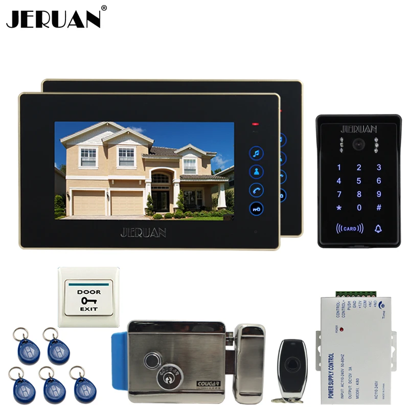 JERUAN 7 inch video doorphone intercom system kit 2 monitor waterproof touch key password keypad camera Electric control lock JERUAN 7 inch video doorphone intercom system kit 2 monitor waterproof touch key password keypad camera Electric control lock