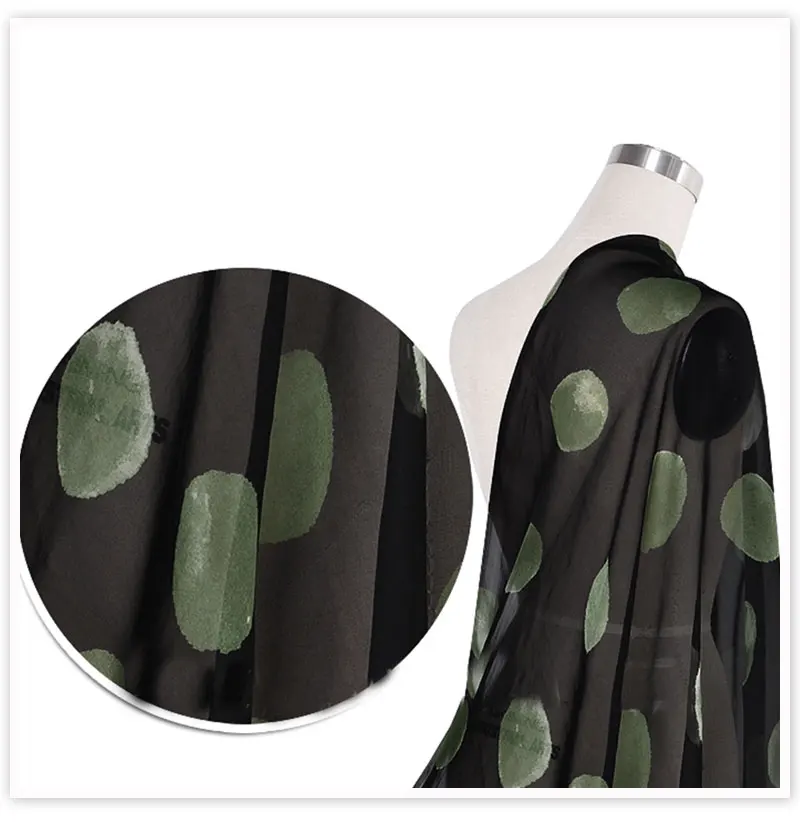 Black green dot print natural silk chiffon fabric apparel for beach dress pure silk tissu tecido stoffen cloth 6mm SP5033