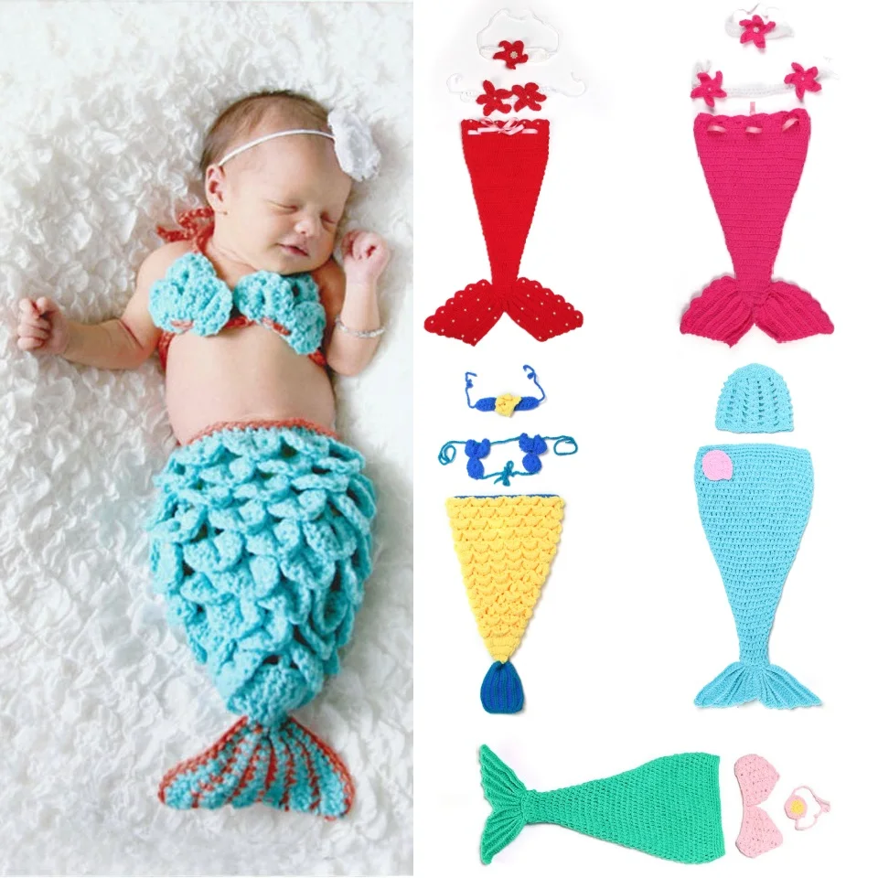 Bh8 promoção tiara de sereia para meninas, bebês recém-nascidos, tiara de  malha de crochê + top + cauda, roupa fotográfica, fantasia, desenho animado  - AliExpress