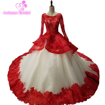 

Long Prom Dress 2018 Puffy Ball Gown Ruffls Skirt Champagne And Red Long Sleeves Arabic Beading Lace Sweet African Prom Dress