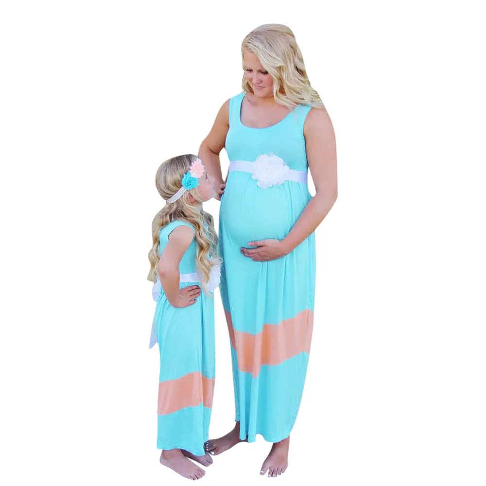 

maternity dresses for photo shoot Mommy ＆Me Women Pregnant Wave Splice Sleeveless Dress Family Matching Clothes