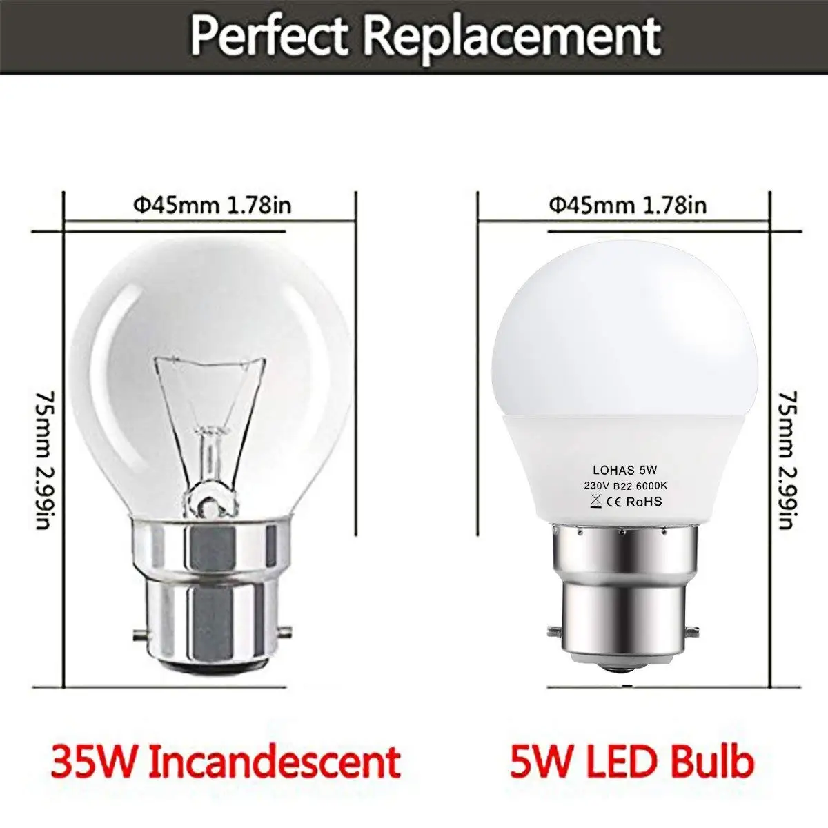 Светодиодный светильник 5 Вт G45 дневной белый 6000K 400lm B22 байонетная Базовая лампа 35 Вт лампа накаливания эквивалент, [Класс энергопотребления A+] 10 Упаковка