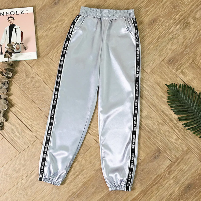 Women Summer Big Pocket Satin Highlight Harem Pants Women Glossy Ribbon Trousers BF Harajuku Joggers Women's Loose Pants