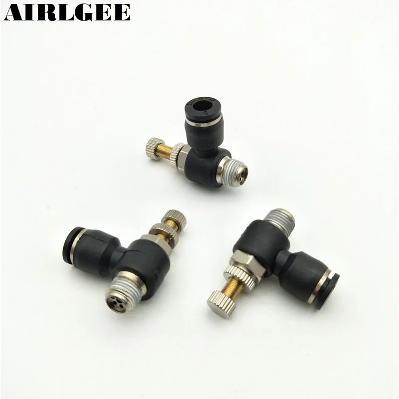 3PCS Push In Quick Connector Elbow Pneumatic Throttle valve Speed Control Regulating valve 6mm Tube to1/8 1/4 1/2 Male Thread 3 pcs inline airflow control 12mm x 12mm push in quick connecter 2 way flow limiting pneumatic valve speed controller