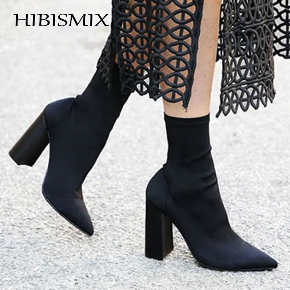 

HIBISMIX 2019 Women Ankle Boots Black Spring Autumn Pointed Toe Thick High Heels Boots Woman Stretch Fabric Female Shoes 1221