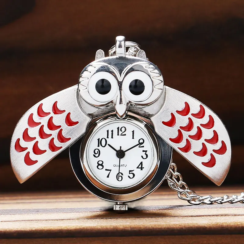

Cute Silver & Red Owl Shape Design Quartz Pocket Watch Sweater Pendant Necklace Fob Watches for Women Girls Best Gift