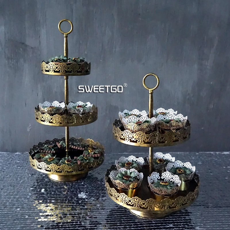  Vintage 2 tiers cupcake stand bronze iron metal muffins stand & rectangle trays for decoration cand