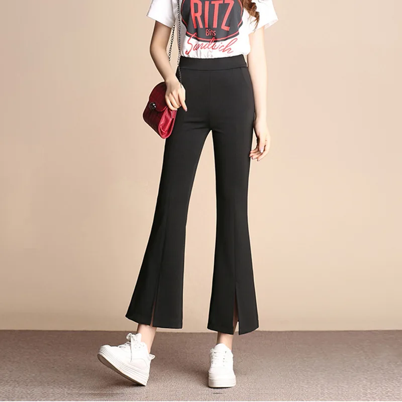

#2712 Spring Black Flared Trousers Leg Opening Split Elastic High Waist Elegant Formal Bell Bottom Pants Women High Quality 3XL