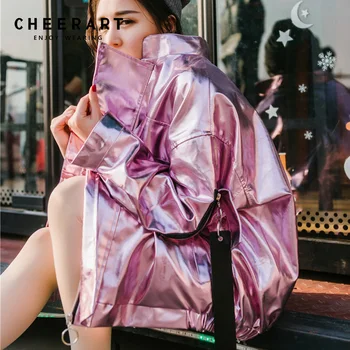 

Cheerart Hip Hop Oversized Silver Jacket Women Pu Leather Glitter Loose Coat Streetwear Clothing Big Size Jackets Rock Punk Coat