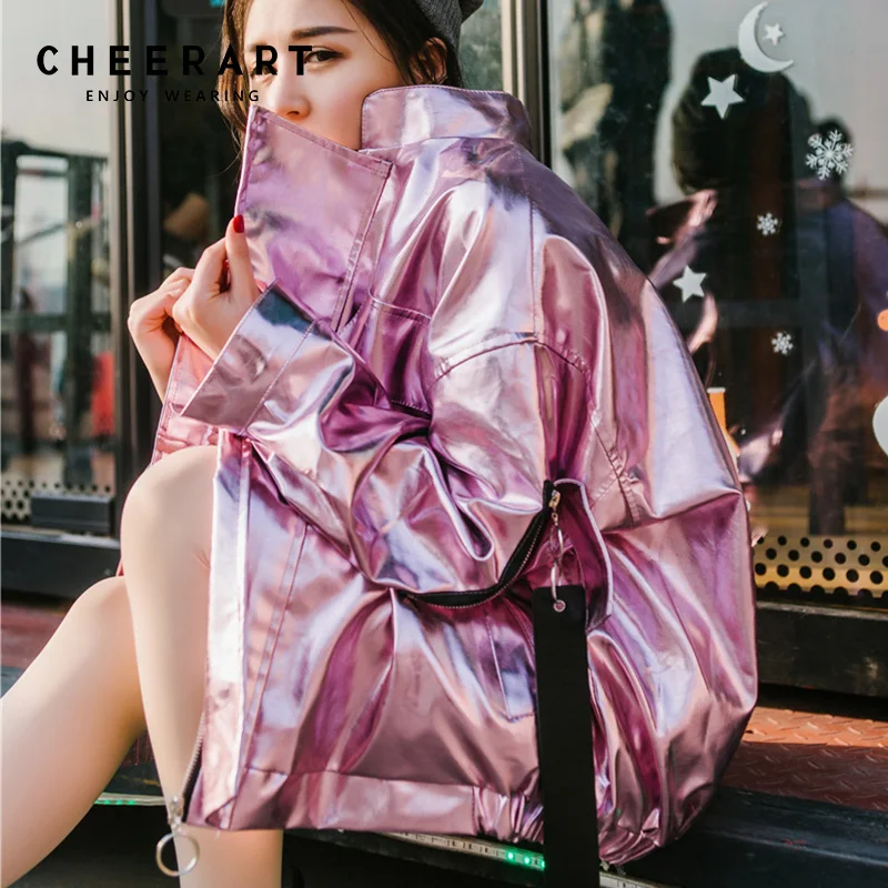 Cheerart Hip Hop Oversized Silver Jacket Women Pu Leather Glitter Loose Coat Streetwear Clothing Big Size Jackets Rock Punk Coat