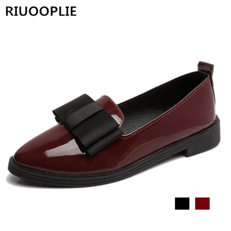 

RIUOOPLIE Spring Autumn Flats Women Shoes Bowtie Loafers Patent Leather Elegant Low Heels Slip Footwear Pointed Toe Thick Heel