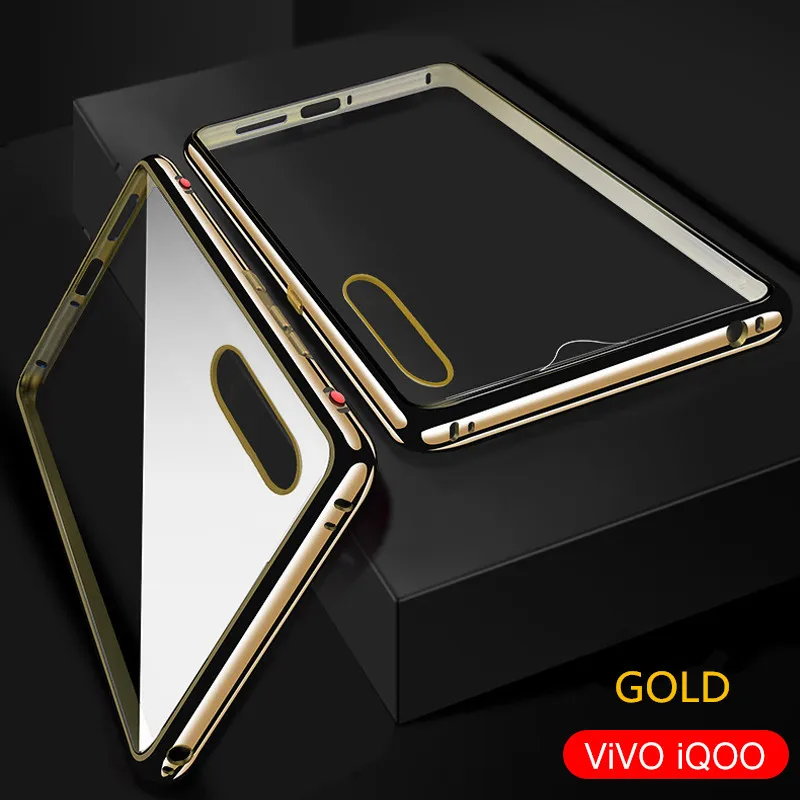 gold ДЛЯ vivo IQOO Магнитный чехол передний+ задний двухсторонний 9 H закаленное стекло крышка для vivo iqoo viviiqoo металлический бампер чехол 6,41 дюймов - Цвет: gold