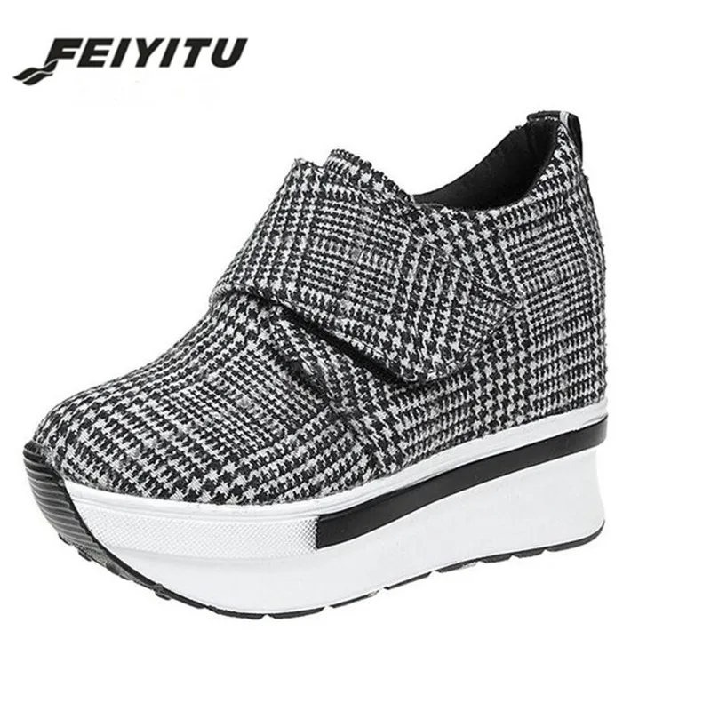 

FeiYiTu Arrival Spring Women Increased Internal Platform Round Toe Hook & Loop High heel Shoes casual lattice shoes Lady Shoes
