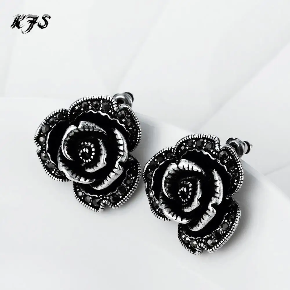 Vintage Punk Exaggerated Classic Black Rose stud earrings femalestud