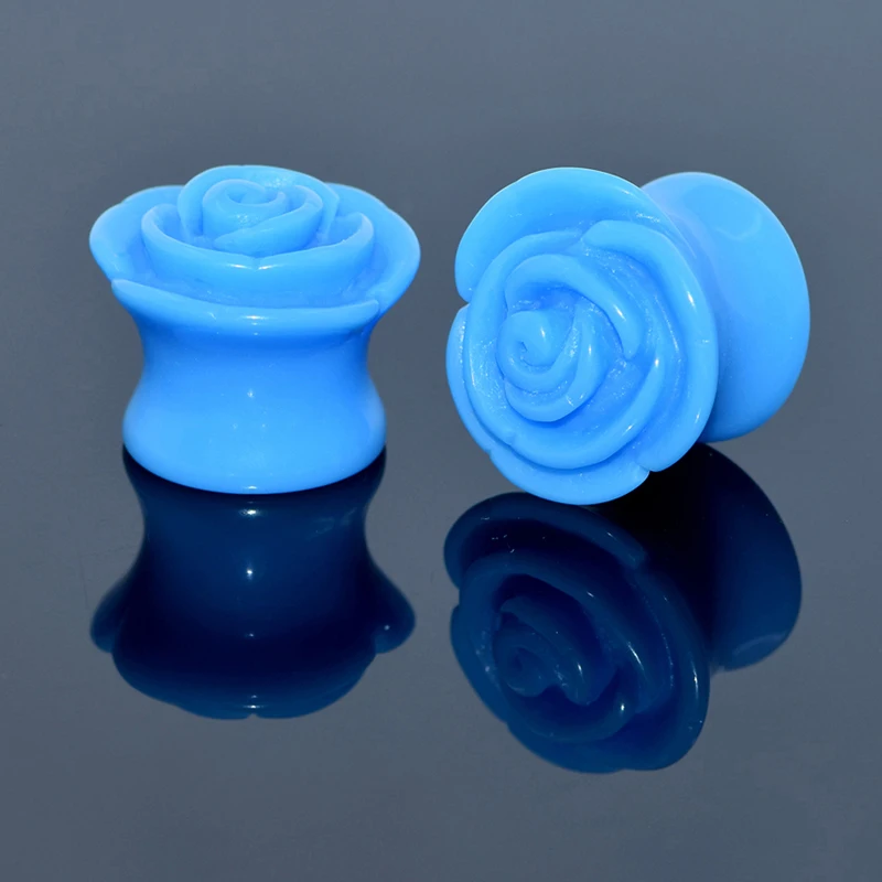Women Rose Ear Expander Piercing Gauge Acrylic Many Sizes Blue Flower 6 25mm Plugs Stretchers