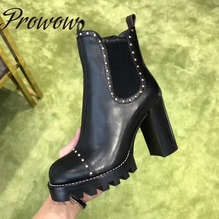 

Prowow Genuine Leather Sexy Platform HIgh Heel Boots Studded Chuny Heel Autumn Winter Boots Shoes Women