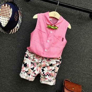 

2017 new summer baby boys suit cotton pink sleeveless shirt collar tie+print pants 2pcs for boys fashion& style for party&sport