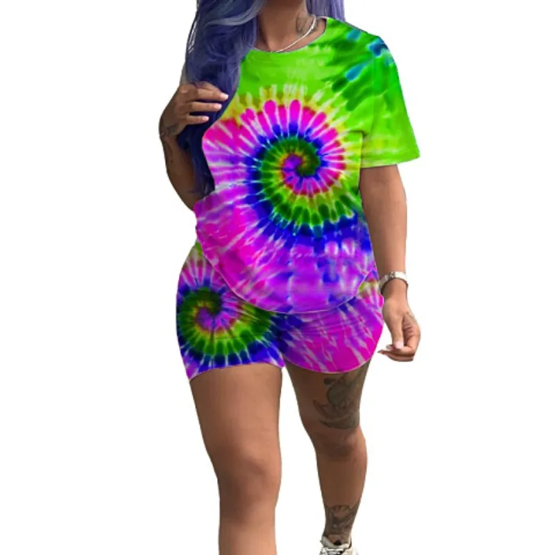 

Summer Print 2 Piece Set Women Tie Dye T Shirt And Biker Shorts Set Tracksuit Women Festival Clothing Matching Sets