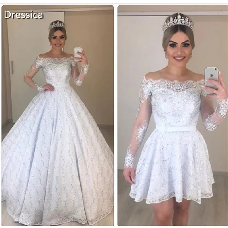 

Boat Neckline Long Sleeve Two Piece Wedding Dress with Detachable Outskirt Short Inside Lace Bridal Gown