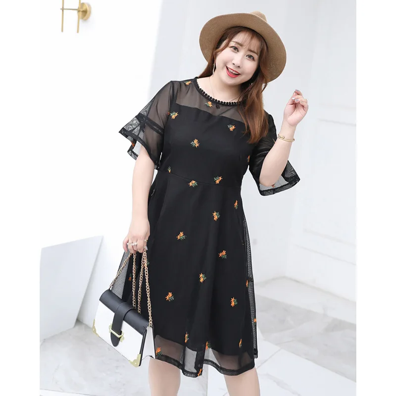 

XL-5XL Plus Size Summer Women Dress Casual Print 2019 Mesh Gauze Embroidery Chiffon Dress Large Size Ladies Office Party Vestido