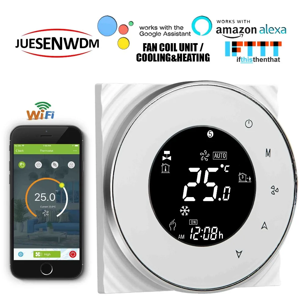 

95-240VAC 4pipe 2pipe Smart WIFI temperature thermostat control for heat cool temp Works with Alexa Google home