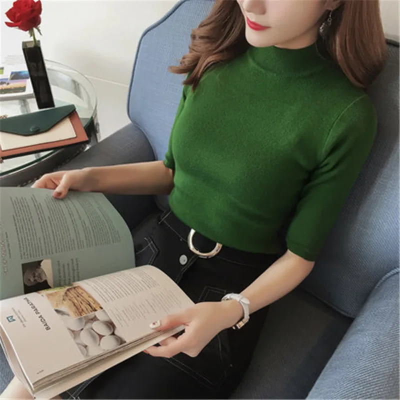 Зимняя женская одежда, весенне-осенние женские свитера с круглым вырезом и рукавом средней длины, однотонный вязаный Топ, женские тонкие базовые Топы PZ845 - Цвет: Зеленый