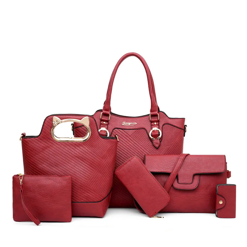Модные дизайнерские женские Сумки из искусственной кожи, сумки-тоут, роскошные 6 штук в комплекте, сумка на плечо, большая вместительность, сумки через плечо для женщин - Цвет: Красный