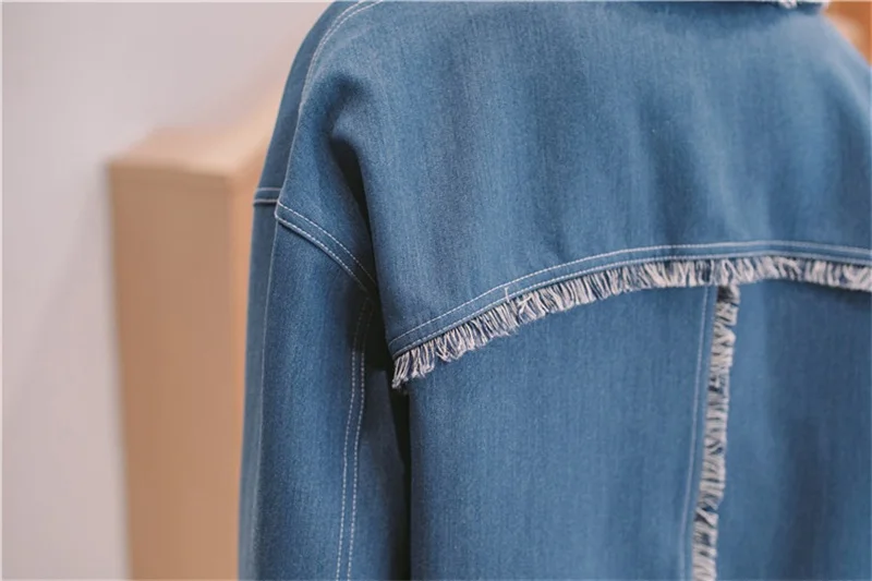 2019 Женская осенне-зимняя джинсовая куртка свободного покроя с отложным воротником, Женская однобортная джинсовая куртка с широким поясом