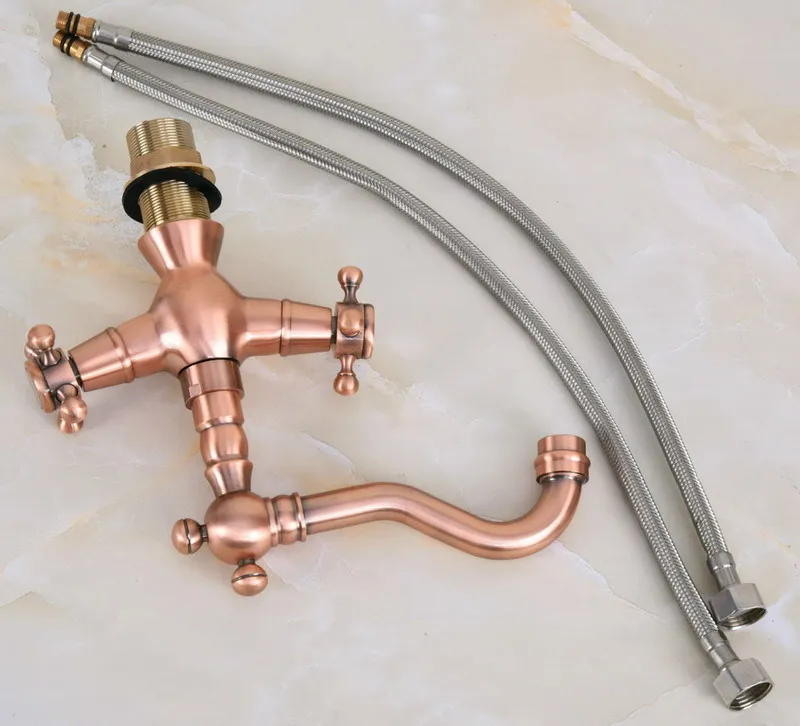 Antique Red Copper Brass Dual Cross Handles Bathroom Kitchen Basin Sink Faucet Mixer Tap Swivel Spout Deck Mounted mnf616