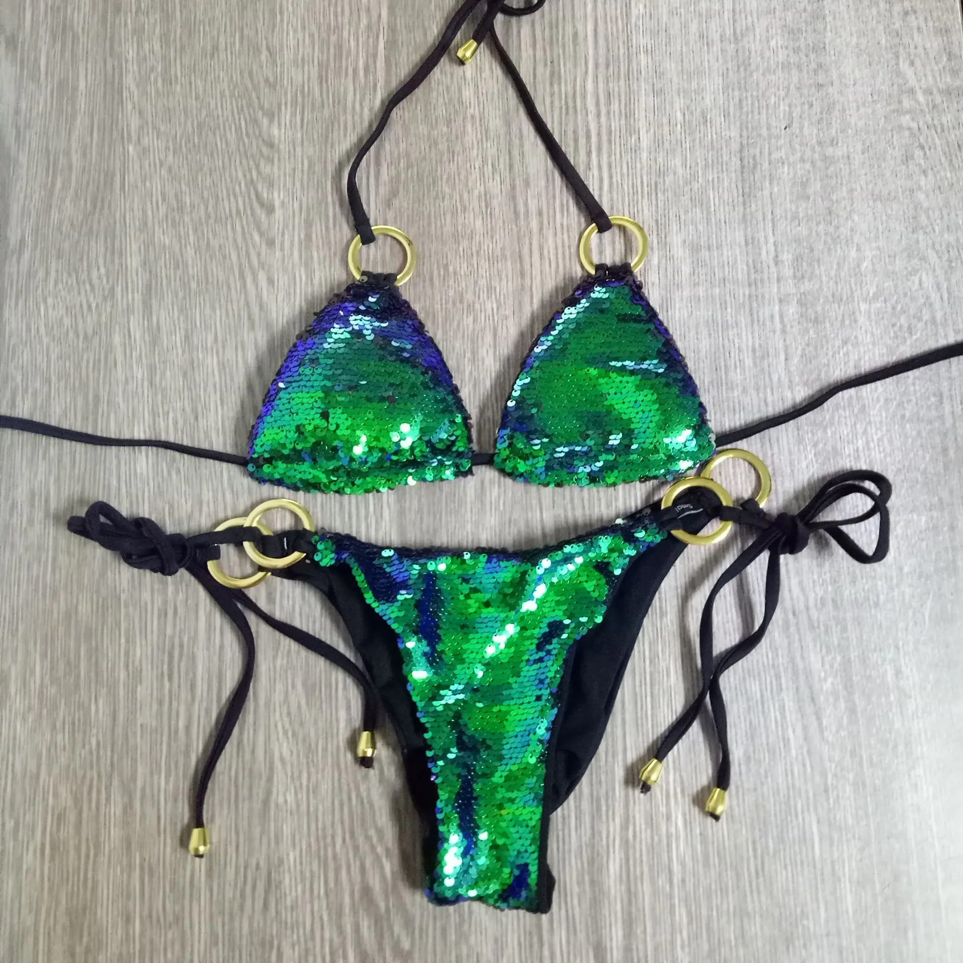 

2019 Bikini Set Women Sexy Low Waist Bathing Suit Simple Sequins Beach Brazilian Swimsuit Halter Bandage Swimwear