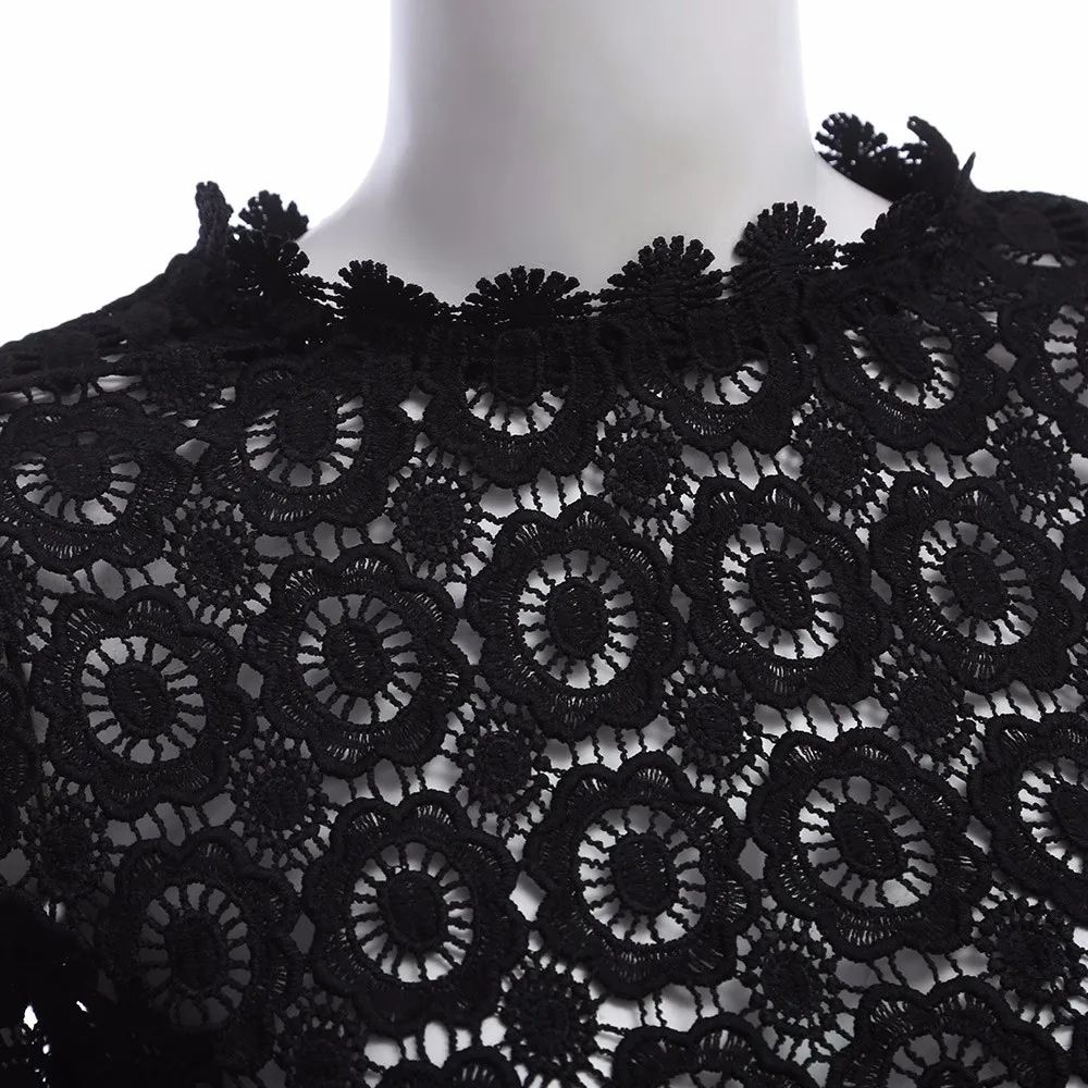 Vintage Black White Floral Lace Hollow Out Crochet Long Sleeve Blouse Shirt