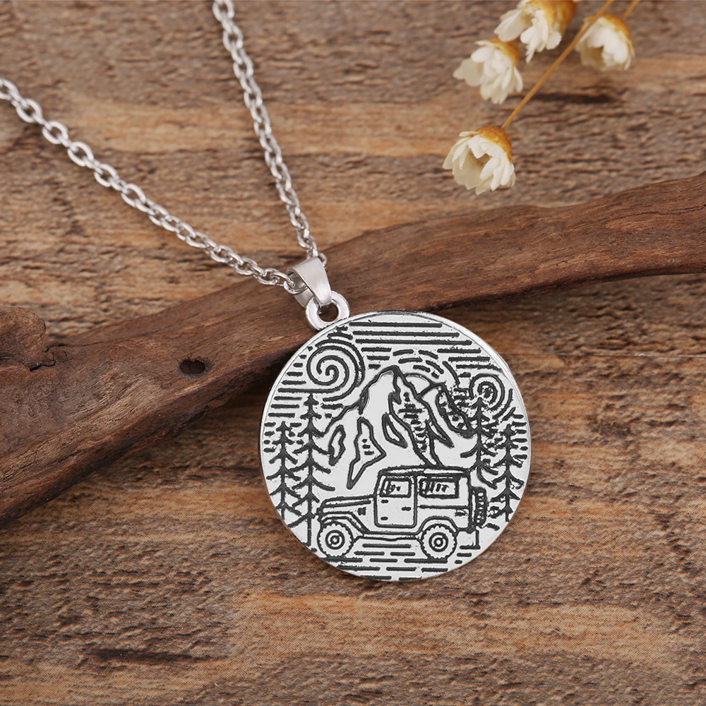 

Skyrim Camping Meaningful Charm Necklace Jewelry Mountain Road Surrounded By Trees Moon Stars and Jeep Pendant Necklaces Women